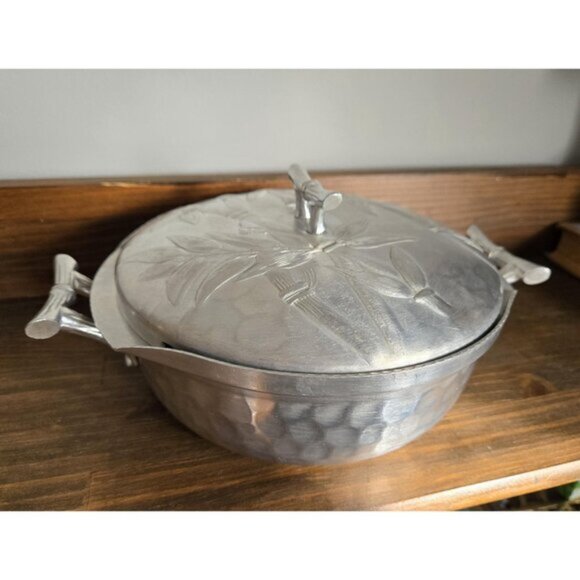 Everlast Forged Aluminum Metal Serving Pot w Lid Bamboo Leaf Design 50s 60s - Picture 2 of 9